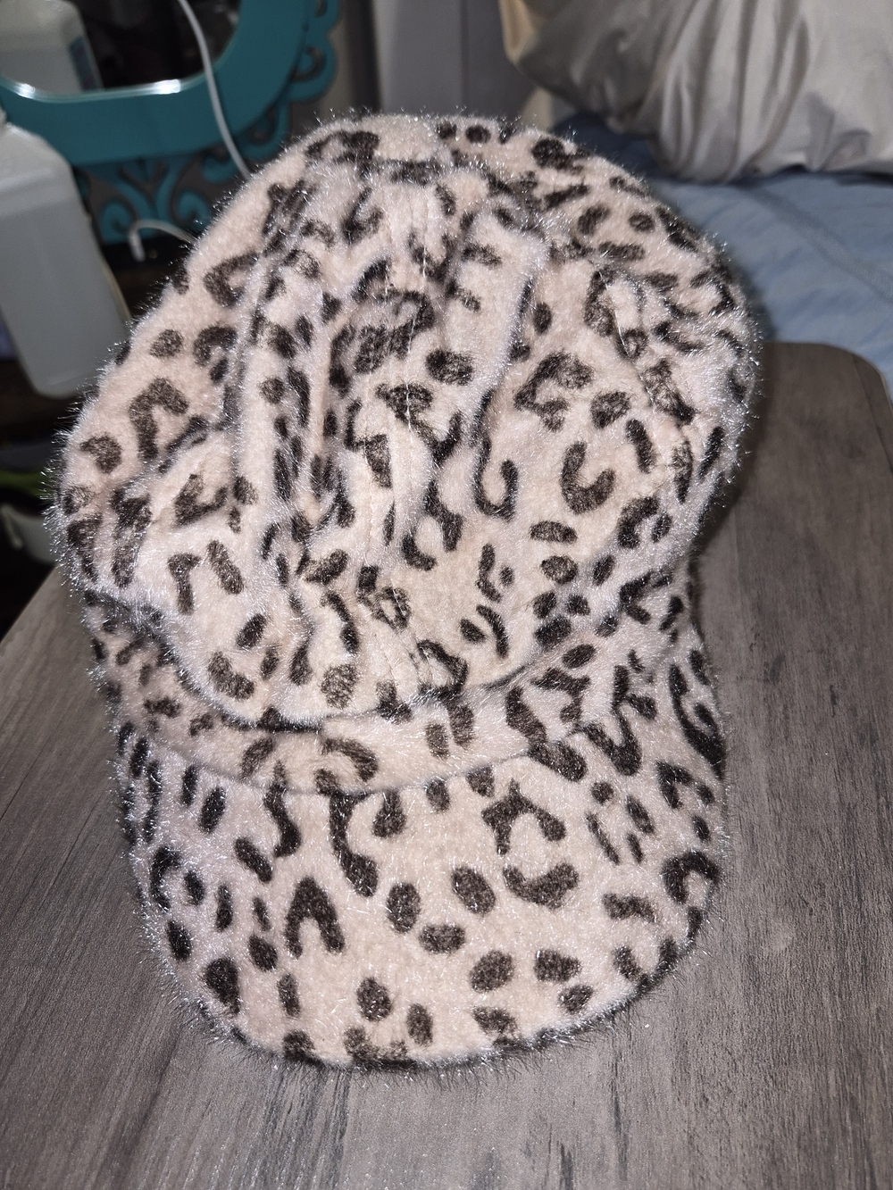 Plush Leopard-Print Fuzzy Cap in Blush